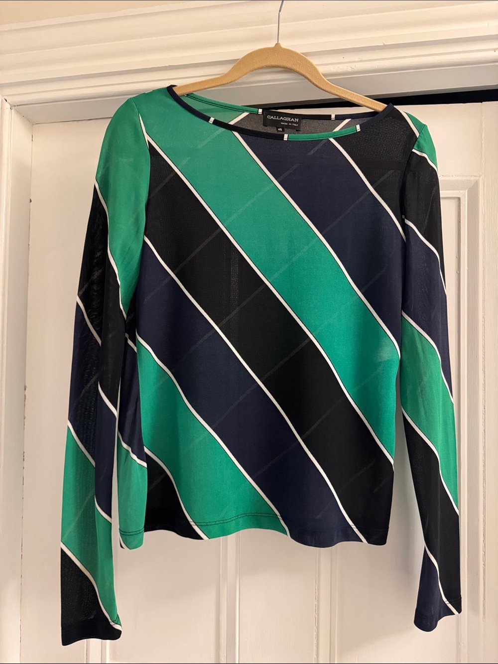 Callahan Green & Navy Diagonal Stripe Long-Sleeve sheer Top size 46